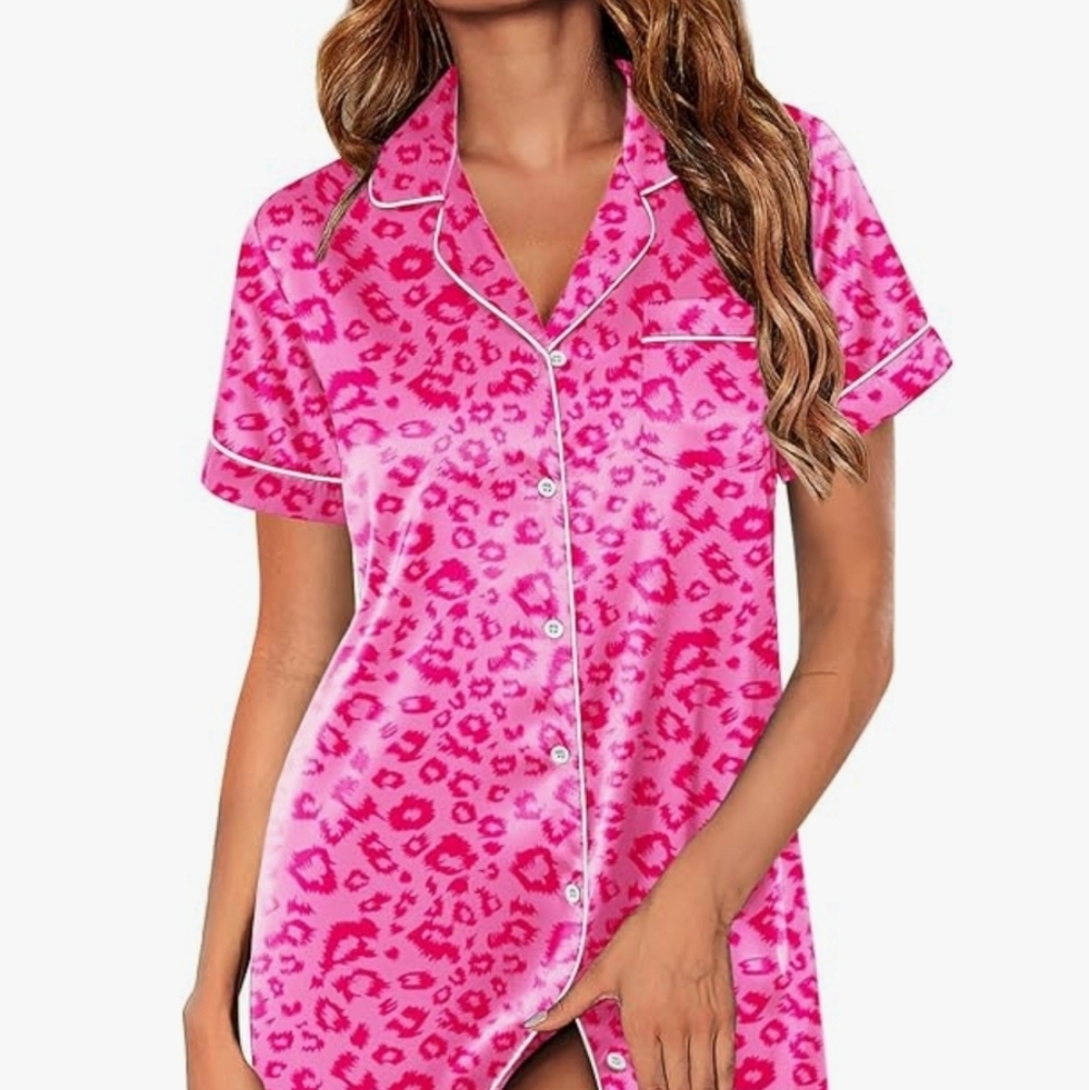 New! Ekouaer Pink Leopard Print Satin Sleepshirt